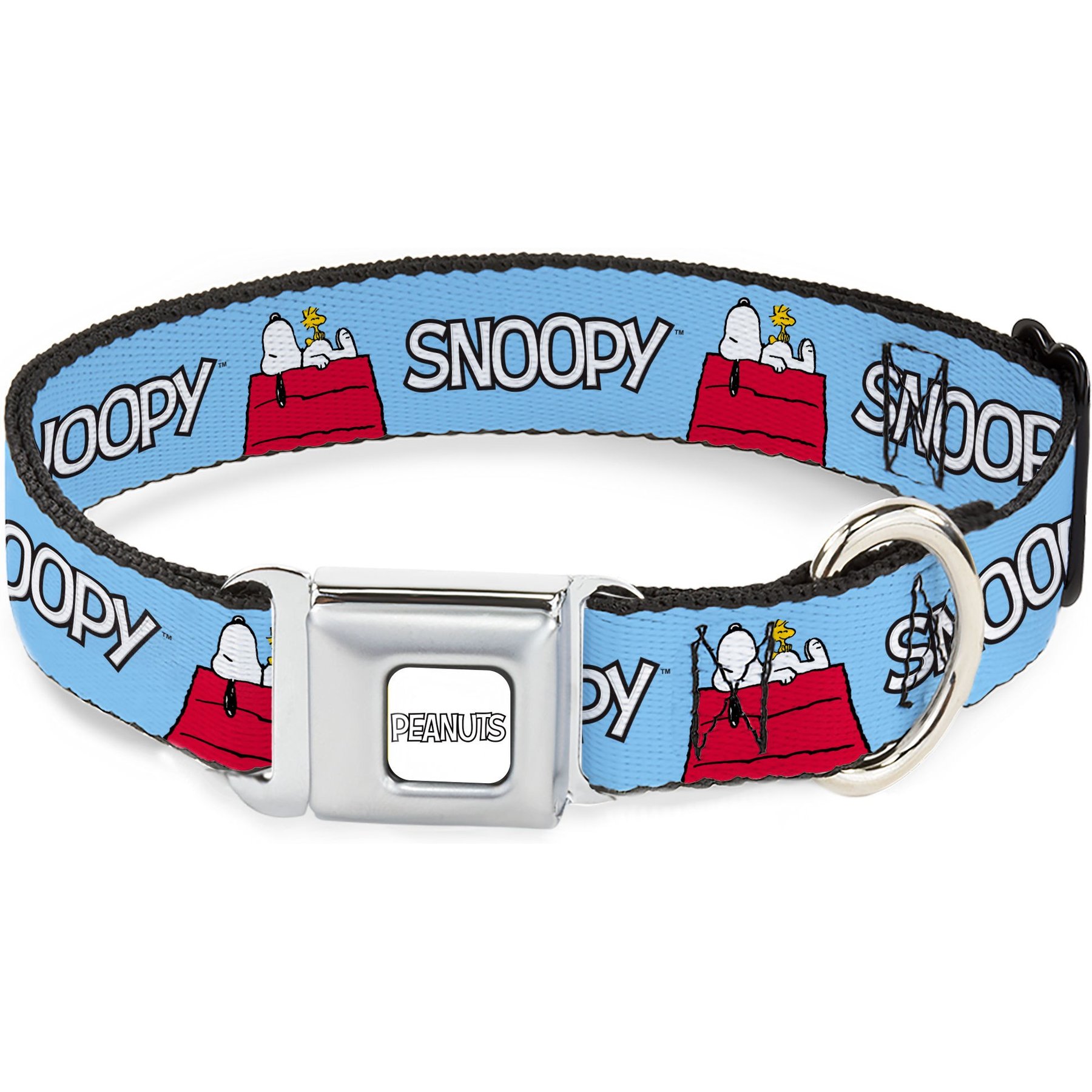 Buckle-Down Peanuts Worldwide LLC Snoopy & Woodstock Dog House Metal Seatbelt Buckle Dog Collar, Sky Blue, Medium: 11 to 16.5-in neck, 1-in wide