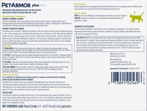 Show full view: PetArmor Plus Flea & Tick Spot Treatment for Cats, over 1.5 lbs, 3 Doses (3-mos. supply) slide 9 of 11