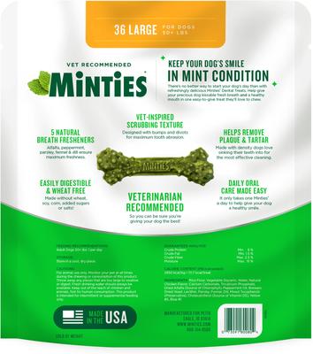 Show full view: Minties Large Mint Flavored Dental Dog Treats 50+ lbs, 48-oz bag, 36 count slide 9 of 12