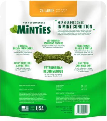 Show full view: Minties Large Mint Flavored Dental Dog Treats 50+ lbs, 32-oz bag, 24 count slide 10 of 12
