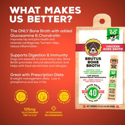 Show full view: Brutus Broth Chicken Bone Broth Powder Hip & Joint with Glucosamine On-the-Go Dog Food Topper, 5 count​ slide 3 of 11