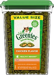 Greenies Feline SmartBites Healthy Indoor Natural Chicken Flavor Soft & Crunchy Adult Cat Treats, 16-oz tub