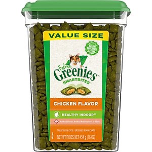 Greenies Feline SmartBites Healthy Indoor Natural Chicken Flavor Soft & Crunchy Adult Cat Treats, 16-oz tub