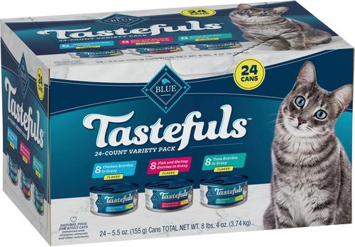 Show full view: Blue Buffalo Tastefuls Chicken & Brown Rice Recipe Adult Indoor Dry Food, 15-lb bag + Tastefuls Tuna, Chicken, Fish & Shrimp Variety Pack Flaked Wet Food, 5.5-oz can, case of 24 + Tastefuls Natural Tender Morsels Chicken Entree Wet Cat Food, 5.5-oz can, case of 12 slide 5 of 9