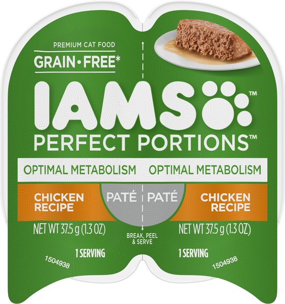 Discontinued IAMS Perfect Portions Optimal Metabolism Chicken Recipe Pate Grain Free Cat Food Trays 2.6 oz case of 24 twin packs Chewy