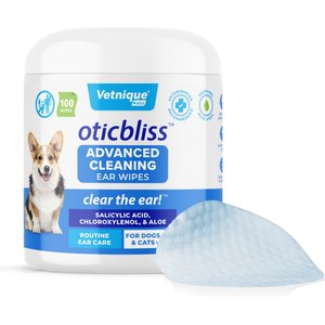 Vetnique Labs Oticbliss Advanced Cleaning, Soothing Aloe & Odor Control, Dirt & Wax Removal Dog & Cat Ear Wipes, 100 count