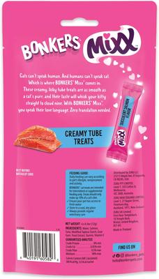 Show full view: Bonkers Mixx Tender Chicken Flavor Grain-Free Lickable Treats, 0.4-oz pouch, 4 count + Salmon Grain-Free Lickable Treats, 0.4-oz pouch, 4 count + Tuna Grain-Free Lickable Cat Treats, 1.94-oz bag, 4 count slide 6 of 9