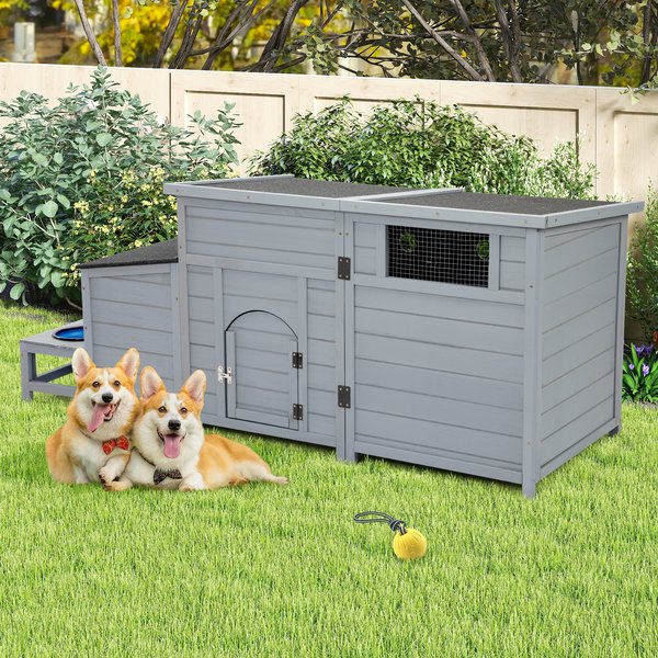 Coziwow Wooden Waterproof Outdoor Dog House with Slow Bowls & Storage Box, Grey, Large, 59-in