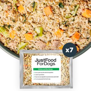 JustFoodForDogs Chicken & White Rice Recipe Frozen Human-Grade Fresh Dog Food, 18-oz pouch, case of 7