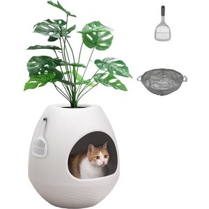 Good Pet Stuff Hidden Cat Litter Box Enclosure - Decorative Round Planter With Artificial Plant, Removable Tray, Gray - View #13
