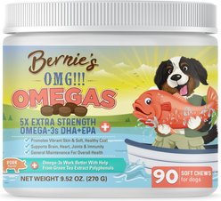 Bernie's OMG! Omegas 5X Extra Strength Omega-3s DHA+EPA Skin & Coat, Allergy, Calming & Joint Support Pork Flavor Fish Oil Chews Supplement for Dogs, 90 count