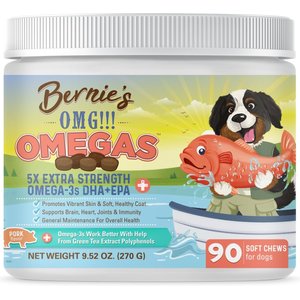Bernie's OMG! Omegas 5X Extra Strength Omega-3s DHA+EPA Skin & Coat, Allergy, Calming & Joint Support Pork Flavor Fish Oil Chews Supplement for Dogs, 90 count