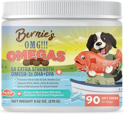 Show full view: Bernie's OMG! Omegas 5X Extra Strength Omega-3s DHA+EPA Skin & Coat, Allergy, Calming & Joint Support Salmon Flavor Fish Oil Chews Supplement for Dogs, 90 count slide 1 of 10