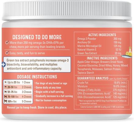 Show full view: Bernie's OMG! Omegas 5X Extra Strength Omega-3s DHA+EPA Skin & Coat, Allergy, Calming & Joint Support Salmon Flavor Fish Oil Chews Supplement for Dogs, 90 count slide 3 of 10