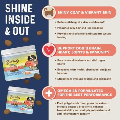 Show full view: Bernie's OMG! Omegas 5X Extra Strength Omega-3s DHA+EPA Skin & Coat, Allergy, Calming & Joint Support Pork Flavor Fish Oil Chews Supplement for Dogs, 90 count slide 4 of 9