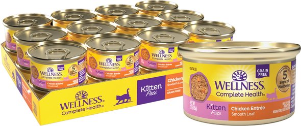 Wellness Complete Health Kitten Pate Chicken Entree Natural Grain-Free Wet Cat Food, 3-oz can, case of 2...