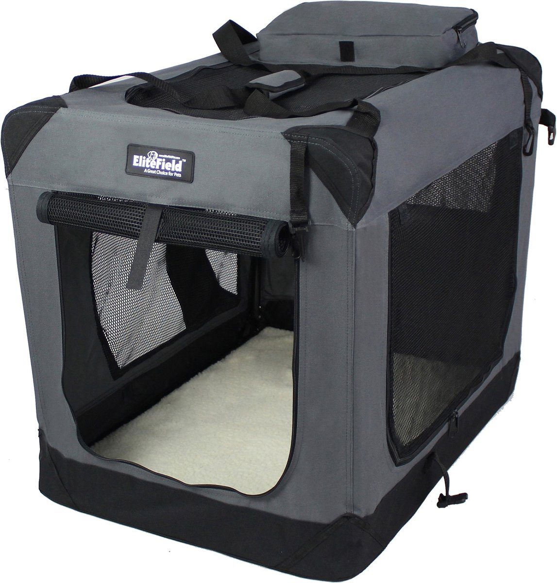 Comfortable, portable EliteField soft-sided dog crate with fleece bed.