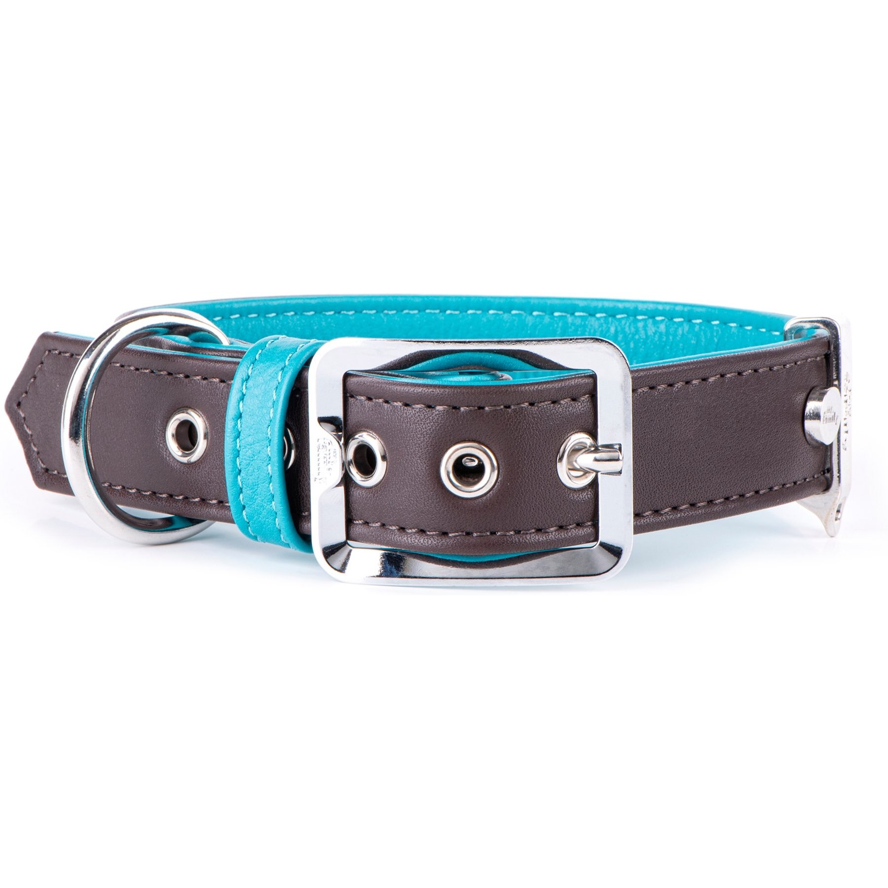 myfamily Hermitage Leather Dog Collar, Brown/Torquoise, Large: 16 to 19-in neck, 1.25-in wide