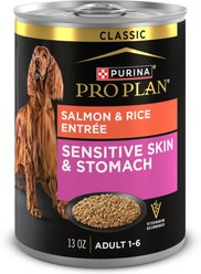 Purina Pro Plan Sensitive Skin & Stomach Pate Salmon & Rice Entree Wet Dog Food, 13-oz can, case of 12