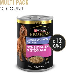 Purina Pro Plan Adult Sensitive Skin & Stomach Lamb & Oat Meal Entree​ Wet Dog Food, 13-oz can, case of 12 slide 2 of 9