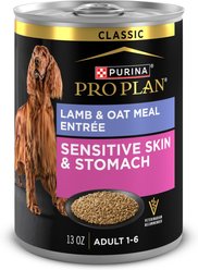 Purina Pro Plan Adult Sensitive Skin & Stomach Lamb & Oat Meal Entree​ Wet Dog Food, 13-oz can, case of 12