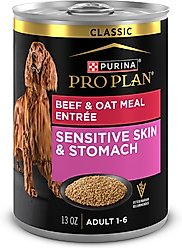 Purina Pro Plan Adult Sensitive Skin & Stomach Beef & Oat Meal Entree Wet Dog Food, 13-oz can, case of 12