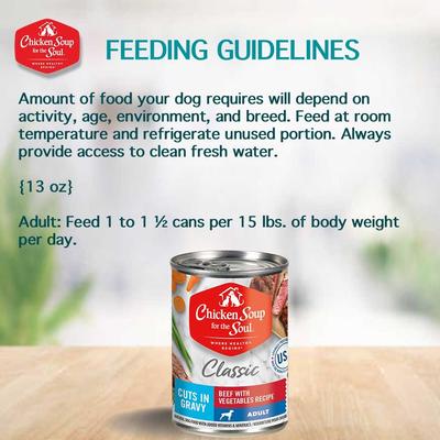 Show full view: Chicken Soup for the Soul Classic Cuts in Gravy Beef with Vegetables Recipe Adult Dog Food, 13-oz can, case of 12 slide 6 of 9