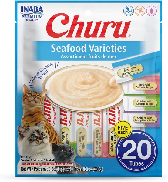 INABA Churu Seafood Puree Variety Pack Grain Free Lickable Cat Treat 0.5 oz tube 20 count Chewy