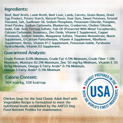 Show full view: Chicken Soup for the Soul Classic Cuts in Gravy Beef with Vegetables Recipe Adult Dog Food, 13-oz can, case of 12 slide 5 of 9