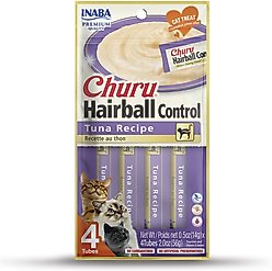 Inaba Churu Hairball Control Indoor Care Tuna Recipe Creamy Puree Grain-Free Lickable Cat Treats, 0.5-oz tube, 4 count