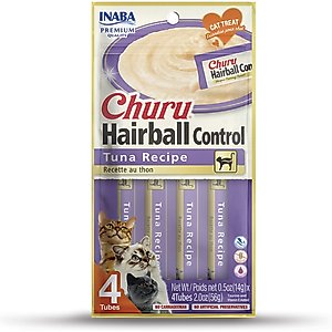 Inaba Churu Hairball Control Indoor Care Tuna Recipe Creamy Puree Grain-Free Lickable Cat Treats, 0.5-oz tube, 4 count