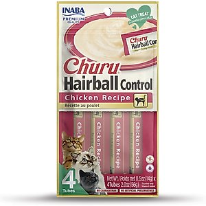Inaba Churu Hairball Control Indoor Care Chicken Recipe Creamy Puree Grain-Free Lickable Cat Treats, 0.5-oz tube, 4 count
