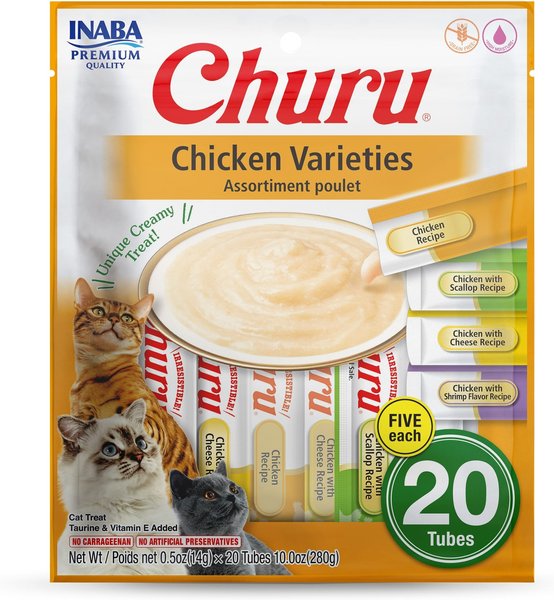 Inaba Churu Grain-Free Chicken, Tuna, Scallop Puree Variety Pack Lickable Cat Treat