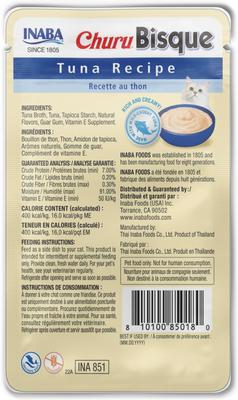 Show full view: Inaba Churu Bisque Tuna Recipe Grain-Free Lickable Cat Treats, 1.4-oz pouch, 12 count slide 3 of 10