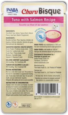 Show full view: Inaba Churu Bisque Tuna with Salmon Recipe Grain-Free Lickable Cat Treats, 1.4-oz pouch, 12 count slide 3 of 10