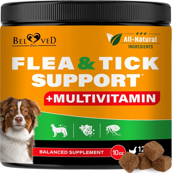 Beloved Pets Natural Flea Tick Support Complex Multivitamin Chicken Flavored Soft Chew for Skin Coat Supplement for Dogs 11 oz jar