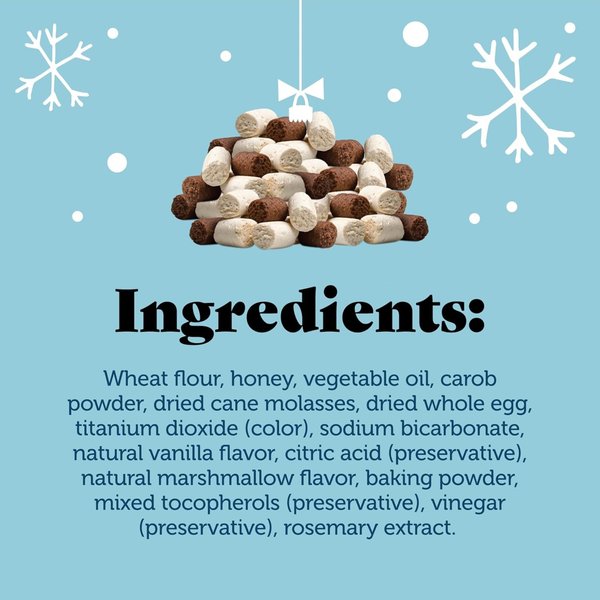 Show full view: Three Dog Bakery Ho Ho Ho Hot Chowcolate Carob & Marshmallow Wafer Dog Treat, 5-oz bag slide 6 of 7