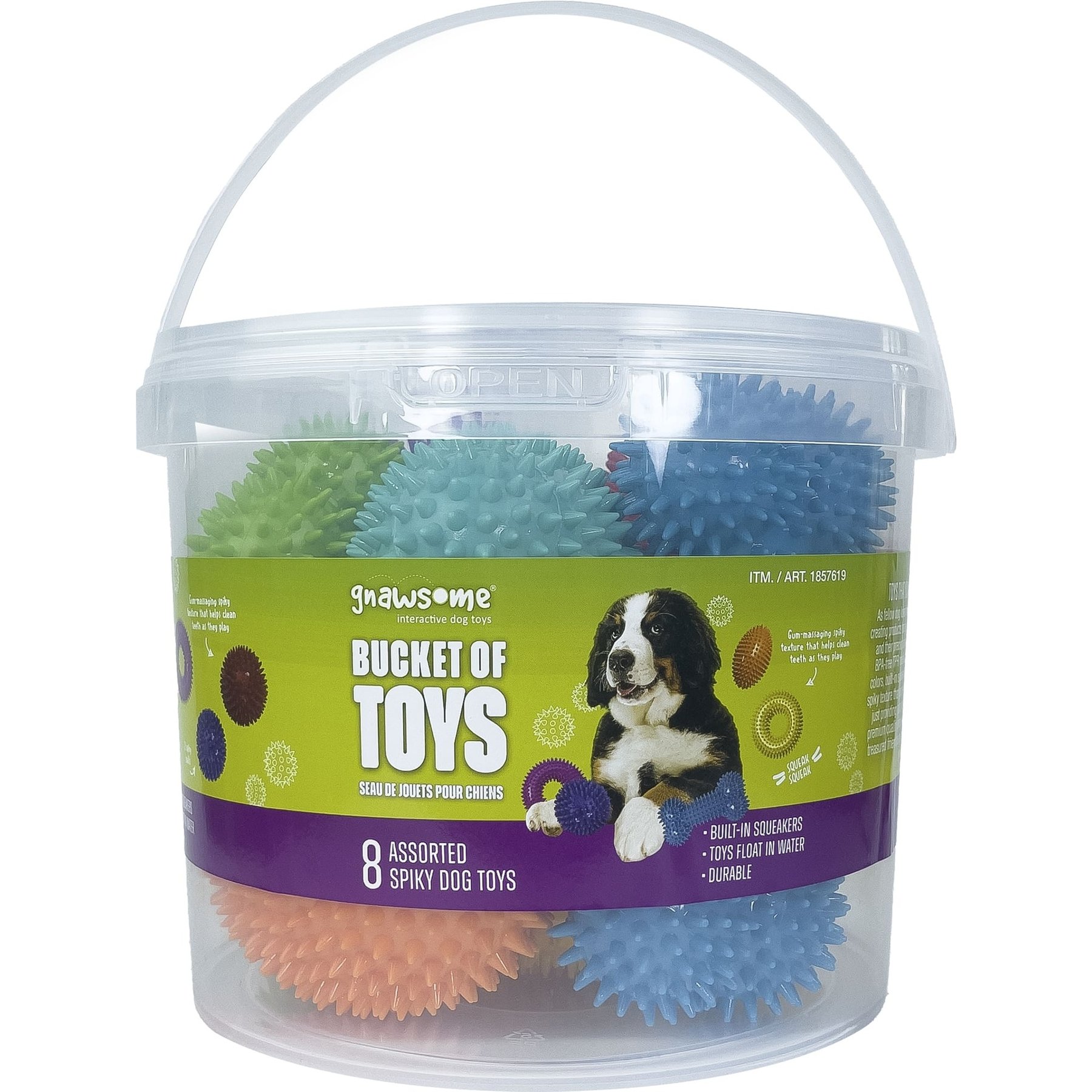 Gnawsome Bucket of Spiky Squeaky Variety Pack Dog Toy, 8 count