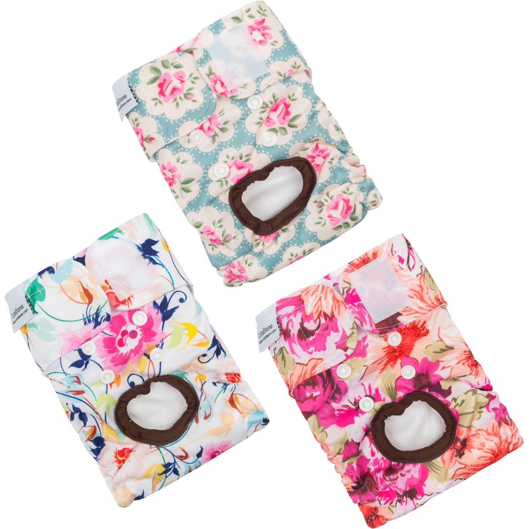 CuteBone Reusable Female Dog Diapers, 3 count, X-Small: 10-in waist, Floral