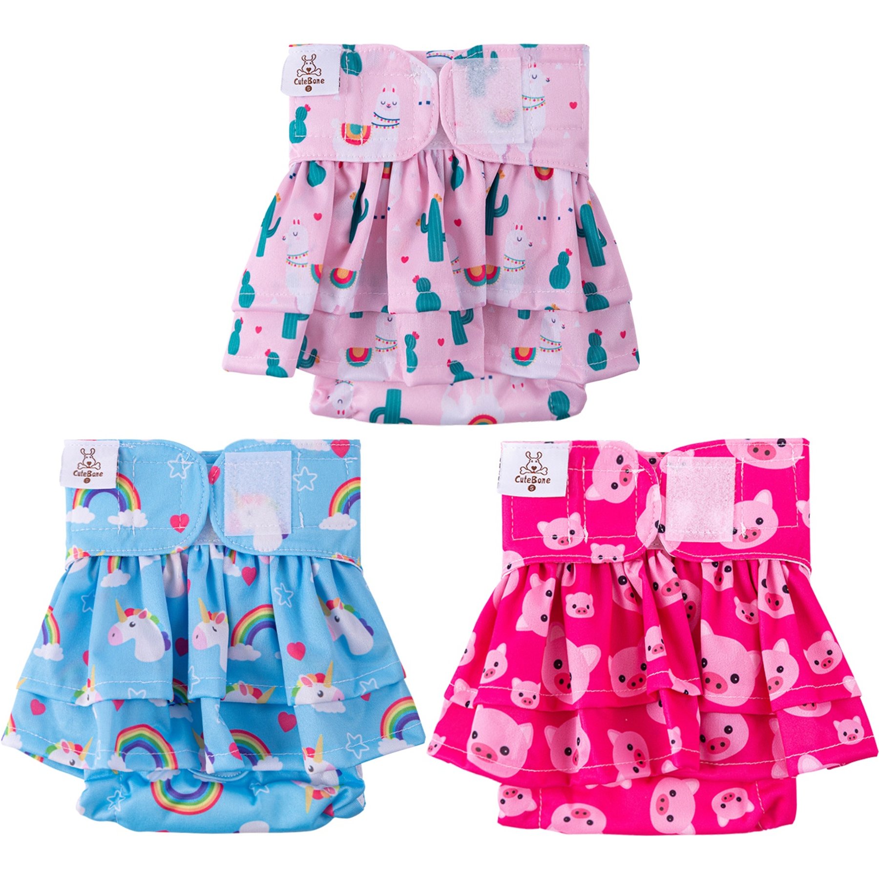 CuteBone Reusable Female Dog Diapers with Skirts, 3 count, Small: 11 to 16-in waist, Unicorn & Pig & Sheep