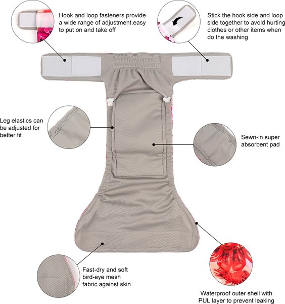 Show full view: CuteBone Washable No Tail Hole Female Dog Diapers, 3 count, X-Small: 10-in waist slide 4 of 11