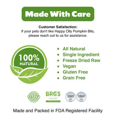 Show full view: Happy Olly Freeze-Dried Pumpkin Treats Grain-Free Prebiotics & Fiber Freeze-Dried Dog & Cat Treats, 2-oz bag slide 5 of 10