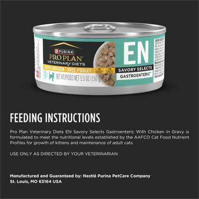 Show full view: Purina Pro Plan Veterinary Diets EN Gastroenteric Savory Selects in Gravy with Chicken Wet Cat Food, 5.5-oz can, case of 24 slide 9 of 11