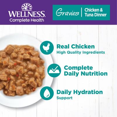 Show full view: Variety Pack - Wellness Natural Grain-Free Gravies Turkey Dinner Canned Cat Food, 3-oz, case of 12, Tuna & Salmon Flavors slide 3 of 10