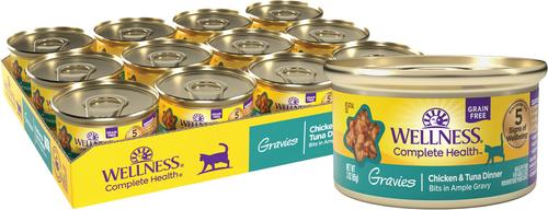 Show full view: Variety Pack - Wellness Natural Grain-Free Gravies Turkey Dinner Canned Cat Food, 3-oz, case of 12, Tuna & Salmon Flavors slide 2 of 10