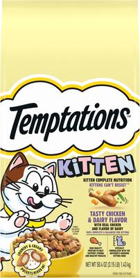 Show full view: Kitten Variety Pack: Sheba Perfect Portions Variety Pack Chicken Pate & Pate Salmon Wet Food, 2.6-oz twin-pack tray, case of 12 + Temptations Tasty Chicken & Dairy Flavor Dry Food, 3.15-lb bag + Temptations Chicken & Dairy Flavor Crunchy & Soft Treats, 3-oz bag slide 5 of 9
