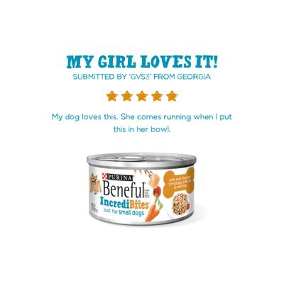 Show full view: Purina Beneful IncrediBites with Real Chicken & Gravy Small Breed Wet Dog Food, 3-oz, case of 24 slide 8 of 12