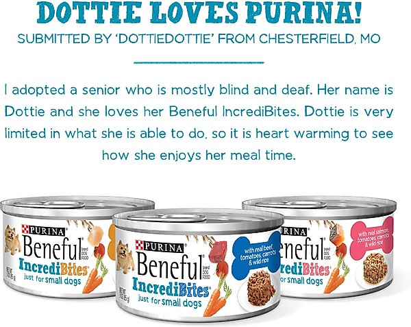Show full view: Purina Beneful IncrediBites Adult Variety Pack Chicken Beef & Salmon Small Breed Wet Dog Food, 3-oz can, case of 30 slide 9 of 12