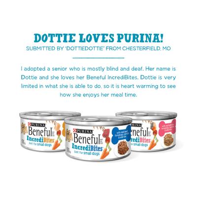 Show full view: Purina Beneful IncrediBites Adult Variety Pack Chicken Beef & Salmon Small Breed Wet Dog Food, 3-oz can, case of 30 slide 9 of 12