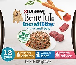 Purina Beneful IncrediBites Adult Variety Pack Chicken Beef & Salmon Small Breed Wet Dog Food, 3-oz, case of 12